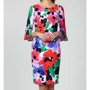 Calvin Klein Colorful Floral Bell Sleeve Stretch Crepe Sheath Dress Size‎ 4